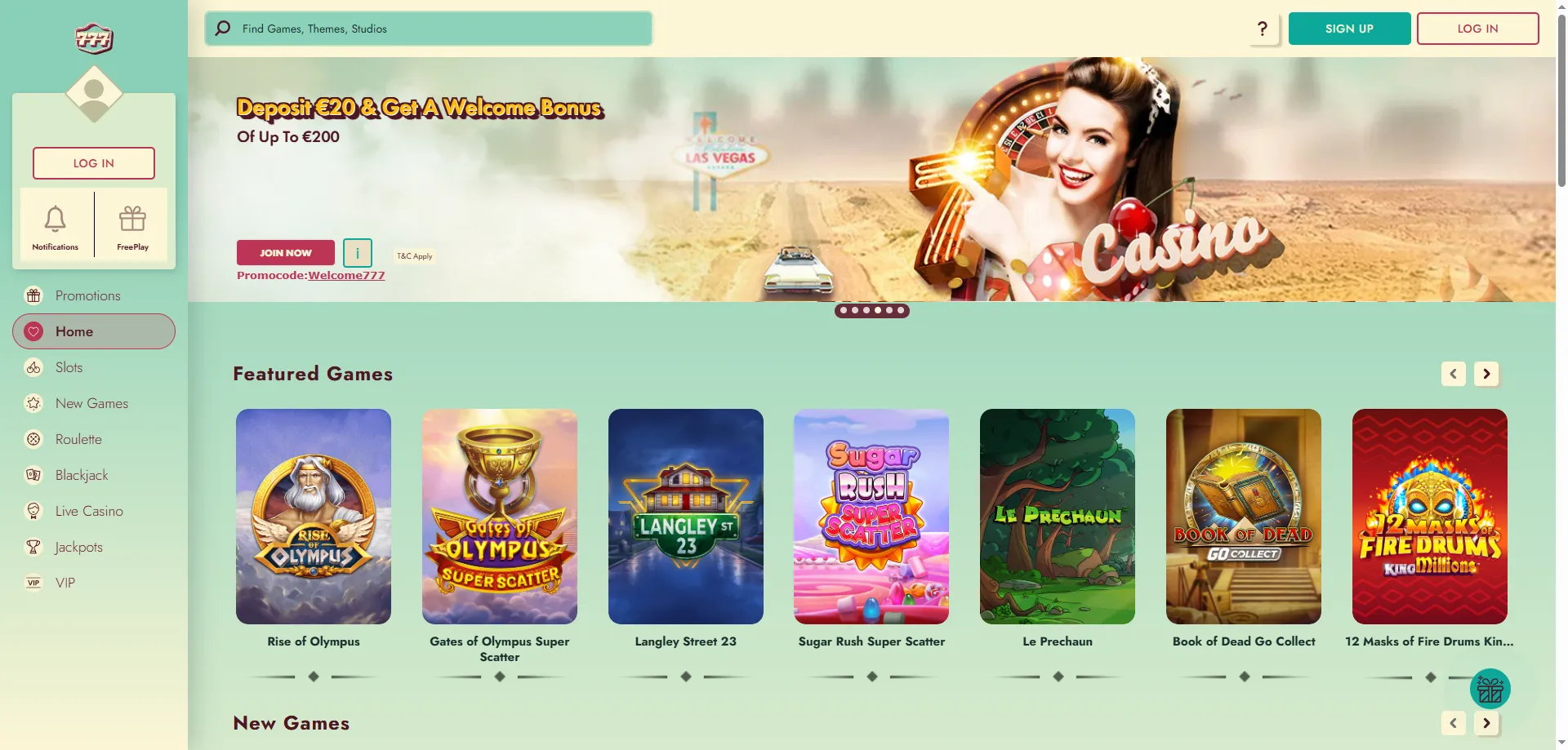 777 Casino lobby overview showing game categories and navigation